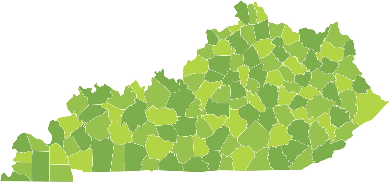 Map of Kentucky by counties with different shades of green for each county