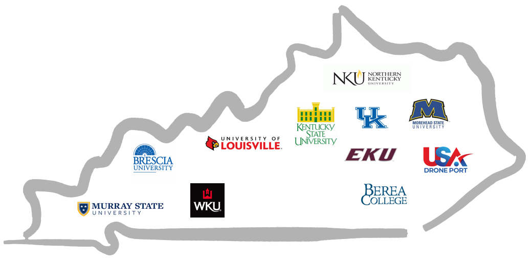 outline of Kentucky showing the different location across the state where there are research and development programs. all programs are listed above.